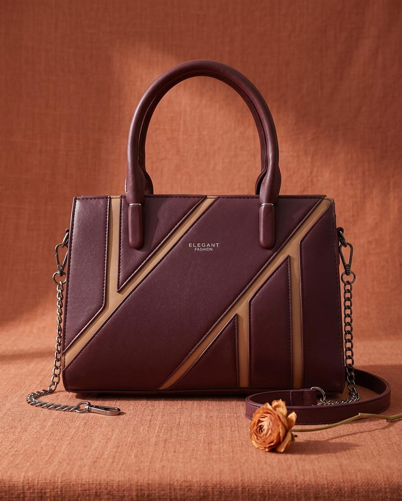 Elegant Fashion Geometric Stripe Satchel — Burgundy