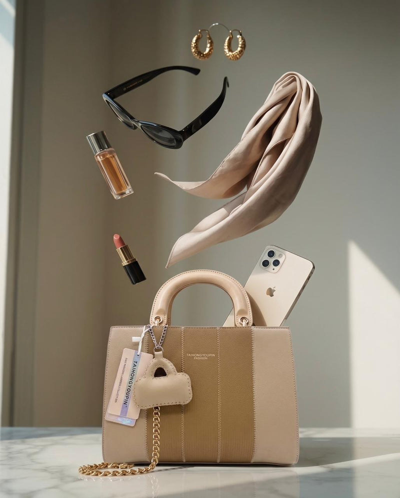TAIHONGYOUPIN Stitch-Panel Tote with Mini Bag Charm — Camel/Beige