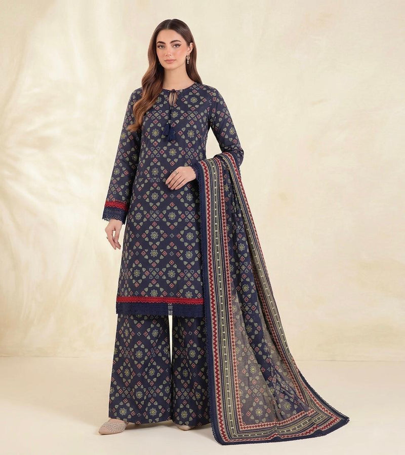 Anushay Lawn 3 Piece Suit | Navy Blue Geometric Print