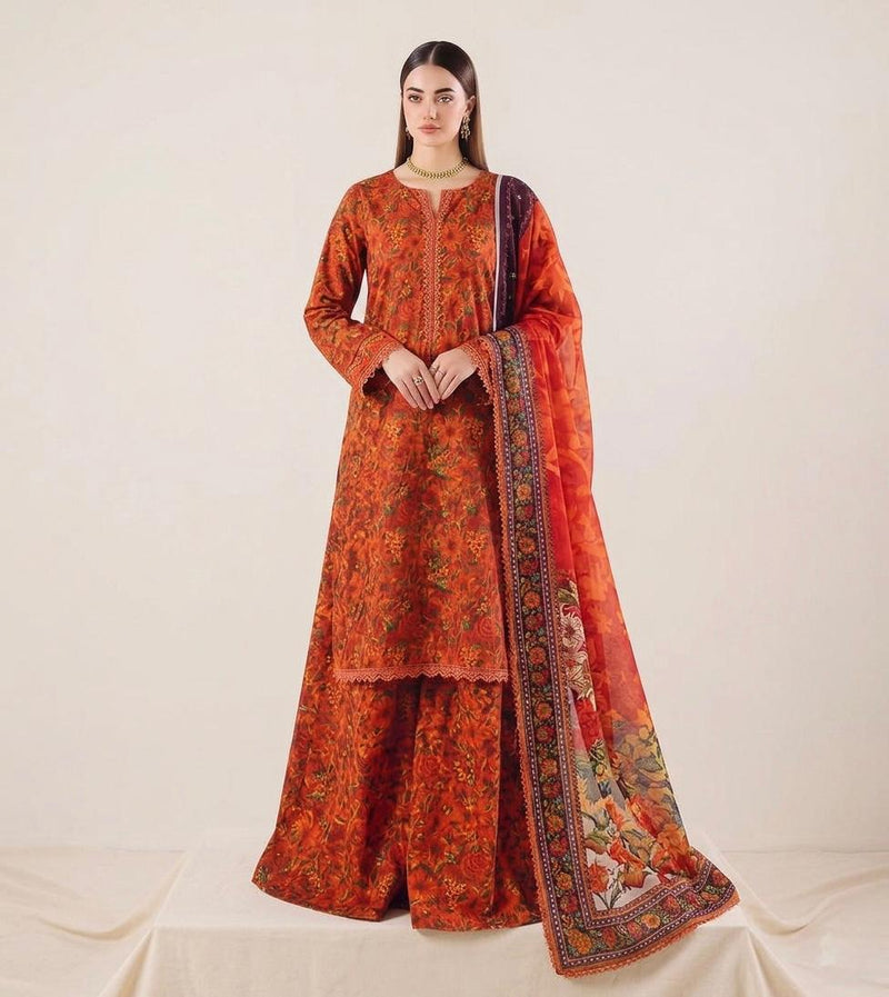 Anushay Lawn 3-Piece – Mustard Yellow Tropical Floral