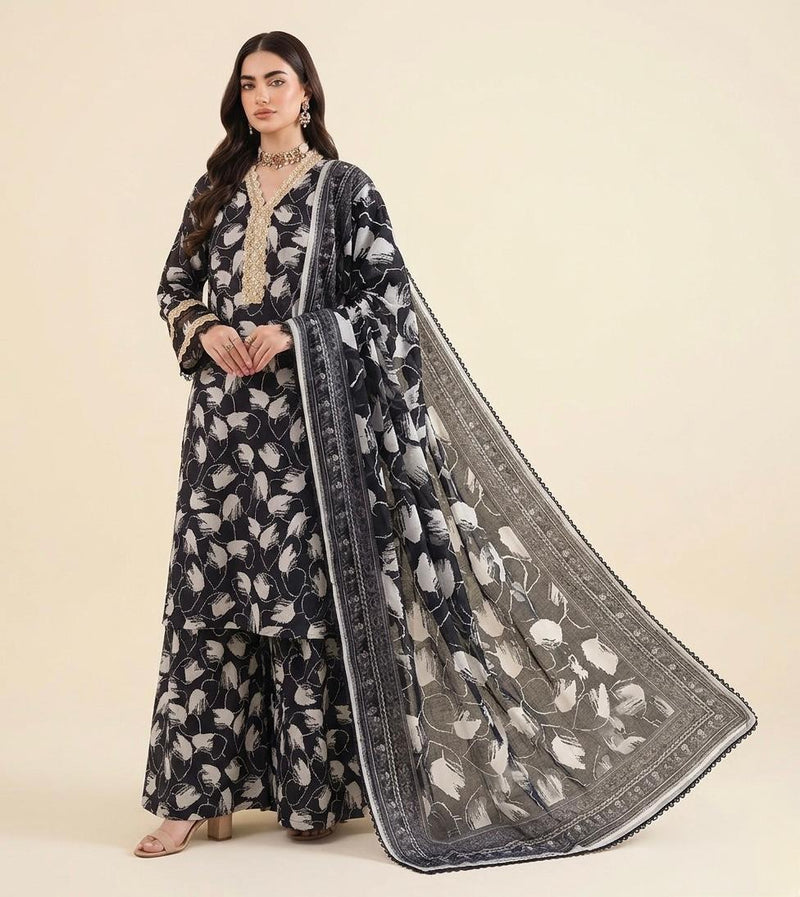 Anushay Lawn 3 Piece Suit | Black & White Abstract Print