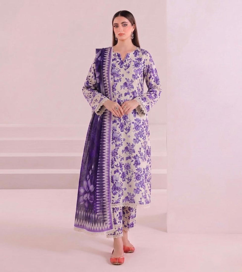 Anushay Lawn 3 Piece Suit | Purple & Cream Rose Floral
