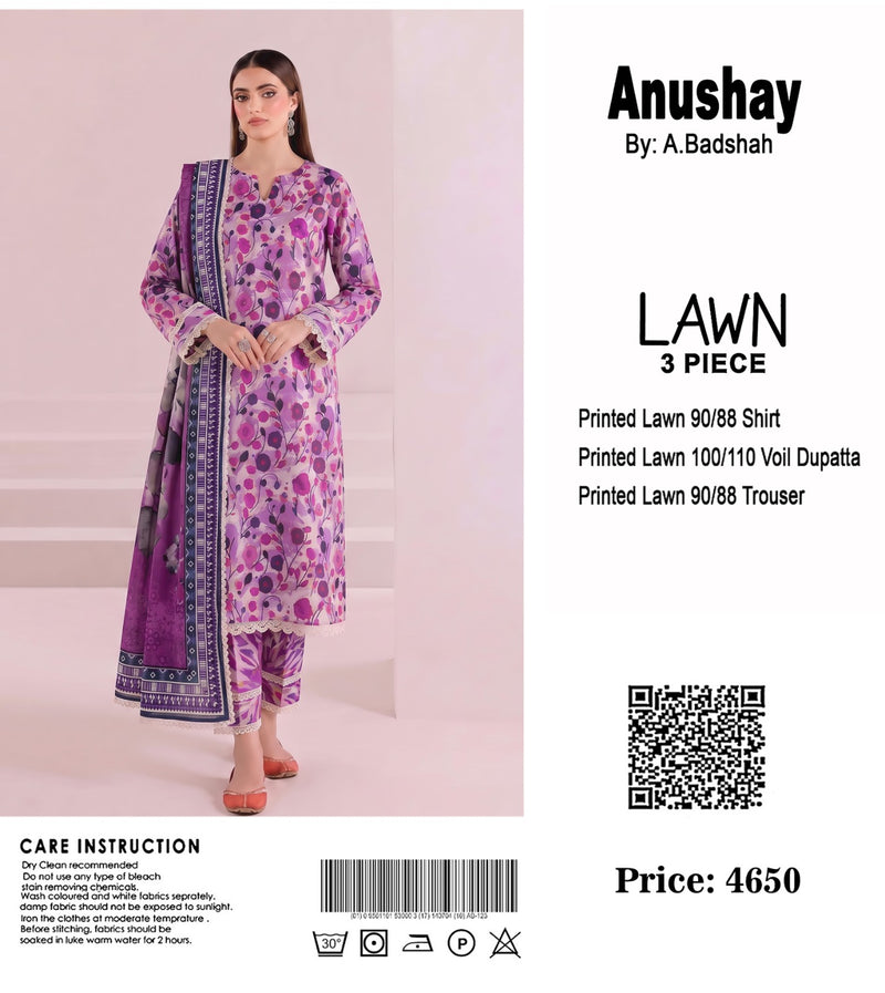 Anushay Lawn 3 Piece Suit | Pink & Purple Floral Print