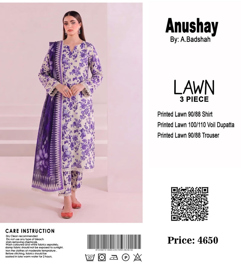Anushay Lawn 3 Piece Suit | Purple & Cream Rose Floral