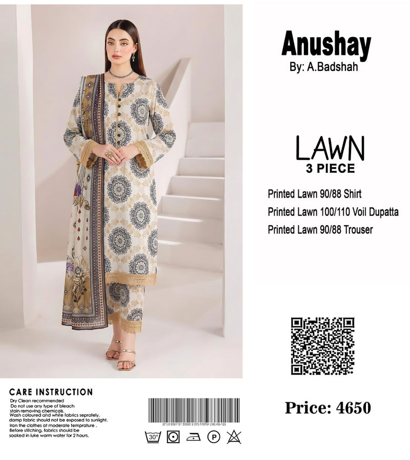 Anushay Lawn 3 Piece Suit | Cream & Black Mandala Print