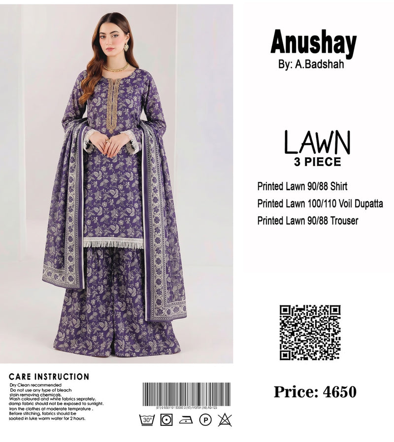 Anushay Lawn 3 Piece Suit | Purple Floral Classic