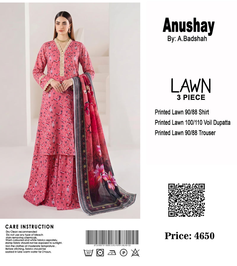 Anushay Lawn 3 Piece Suit | Pink Floral Trouser
