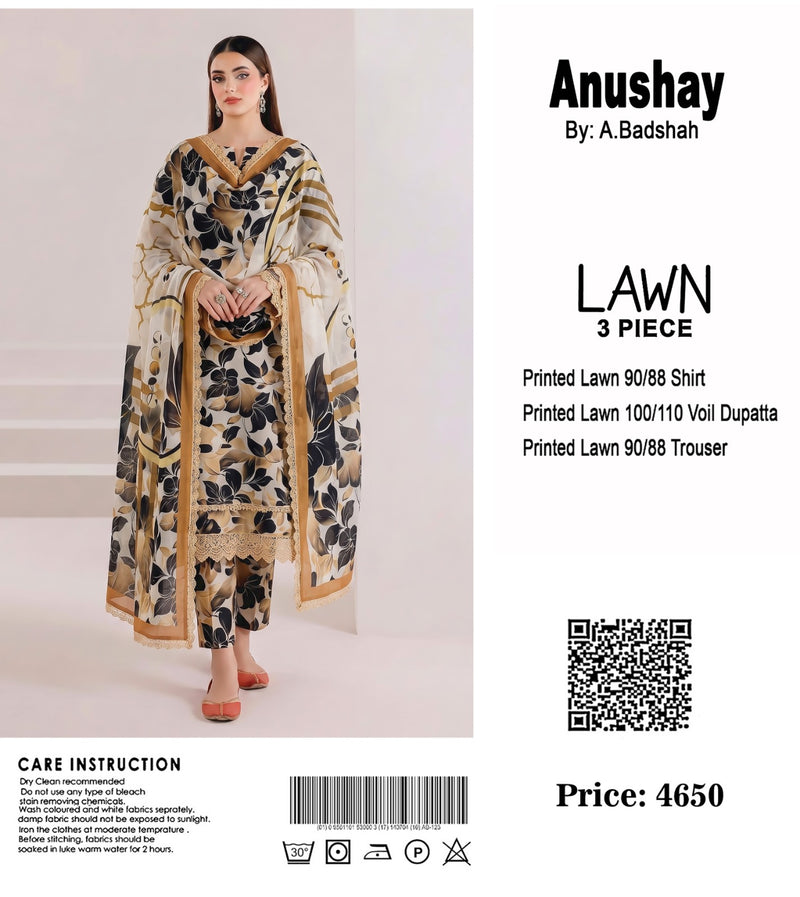 Anushay Lawn 3 Piece Suit | Cream & Gold Mandala Print