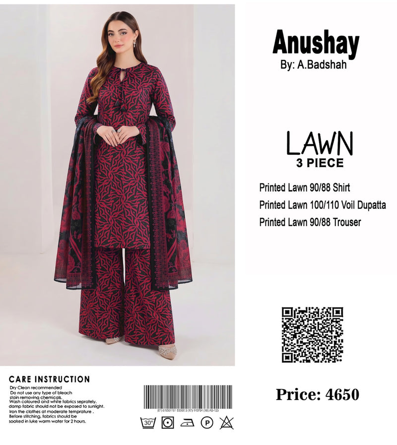Anushay Lawn 3 Piece Suit | Red & Black Abstract Print