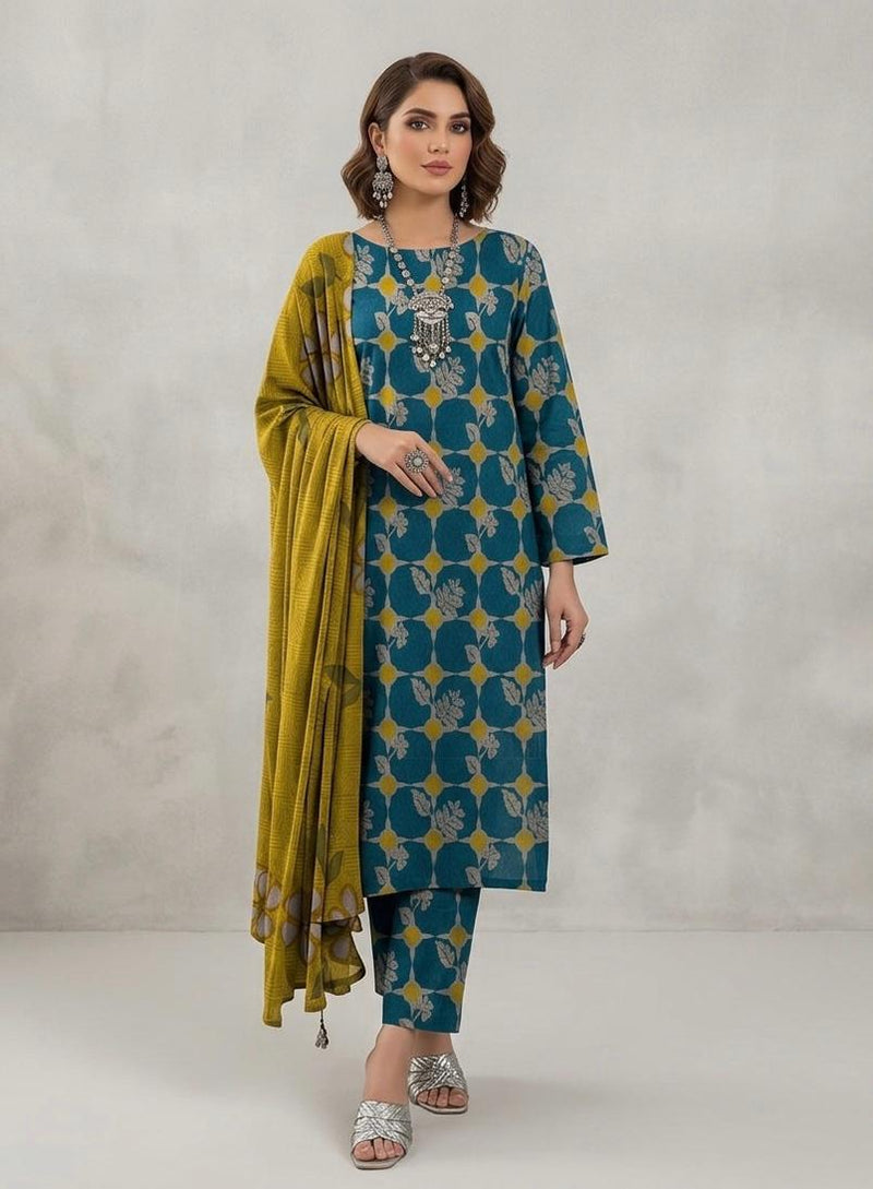 Anushay Summer Lawn 3 Piece | Teal & Mustard Print