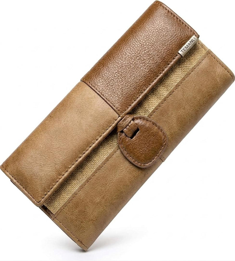 TEMANLI Wrap Knot Long Wallet — Purple & Tan