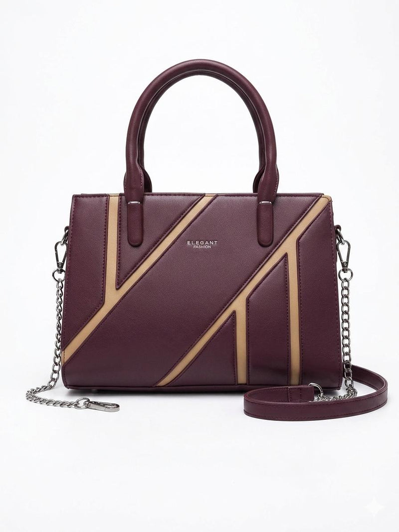 Elegant Fashion Geometric Stripe Satchel — Burgundy