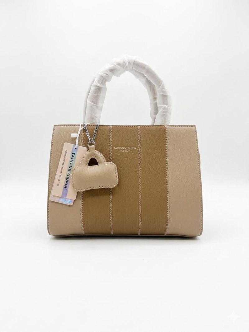 TAIHONGYOUPIN Stitch-Panel Tote with Mini Bag Charm — Camel/Beige