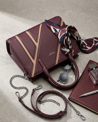 Elegant Fashion Geometric Stripe Satchel — Burgundy