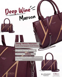 Elegant Fashion Geometric Stripe Satchel — Burgundy