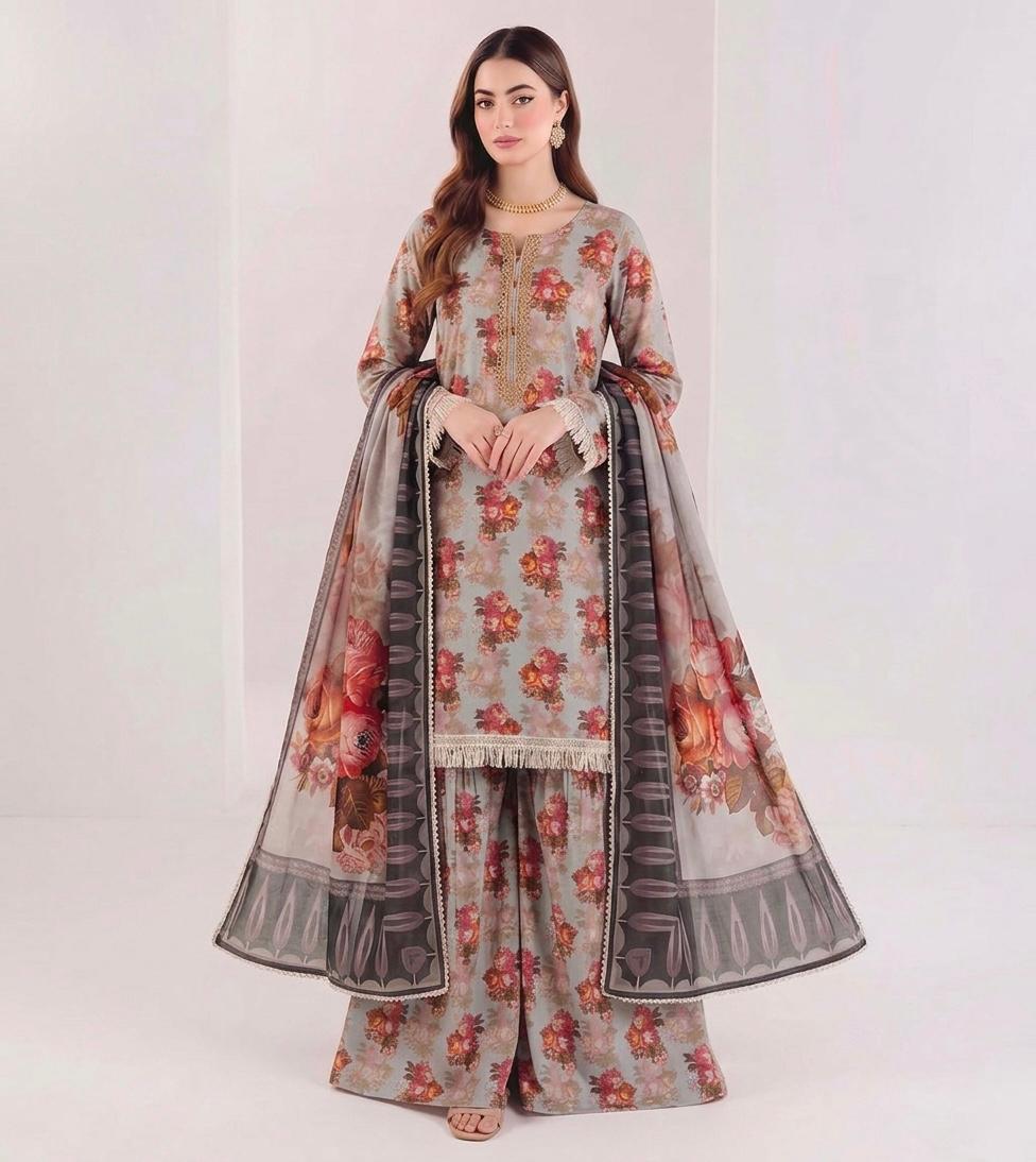 Anushay Lawn 3 Piece Suit | Gray & Red Suit