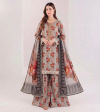 Anushay Lawn 3 Piece Suit | Gray & Red Suit