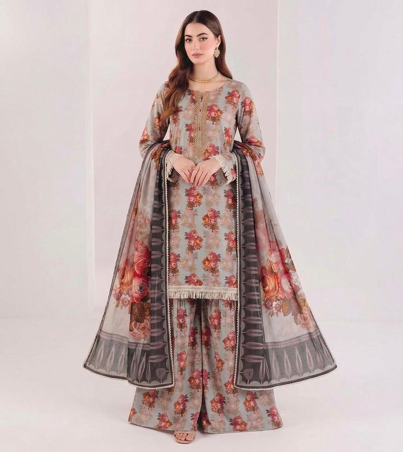 Anushay Lawn 3 Piece Suit | Gray & Red Suit
