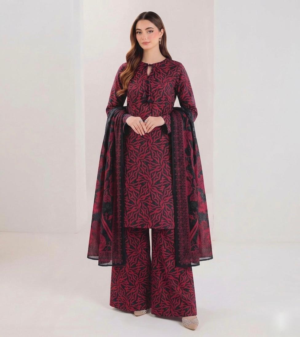 Anushay Lawn 3 Piece Suit | Red & Black Abstract Print