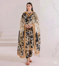 Anushay Lawn 3 Piece Suit | Cream & Gold Mandala Print