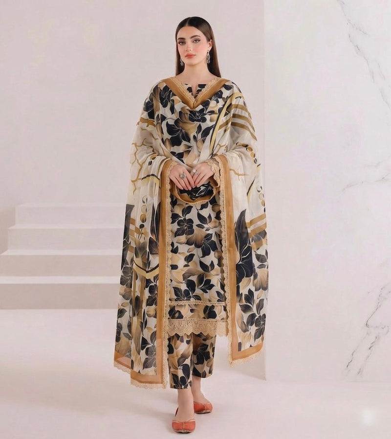 Anushay Lawn 3 Piece Suit | Cream & Gold Mandala Print