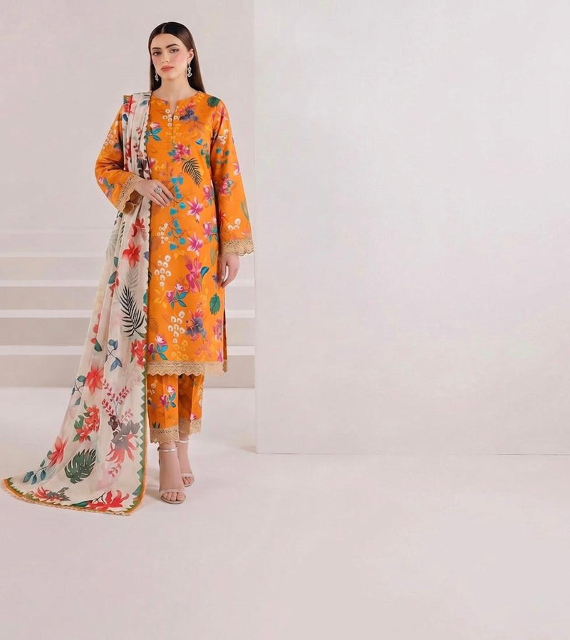 Anushay Lawn 3 Piece Suit | Rust Orange Floral Trouser
