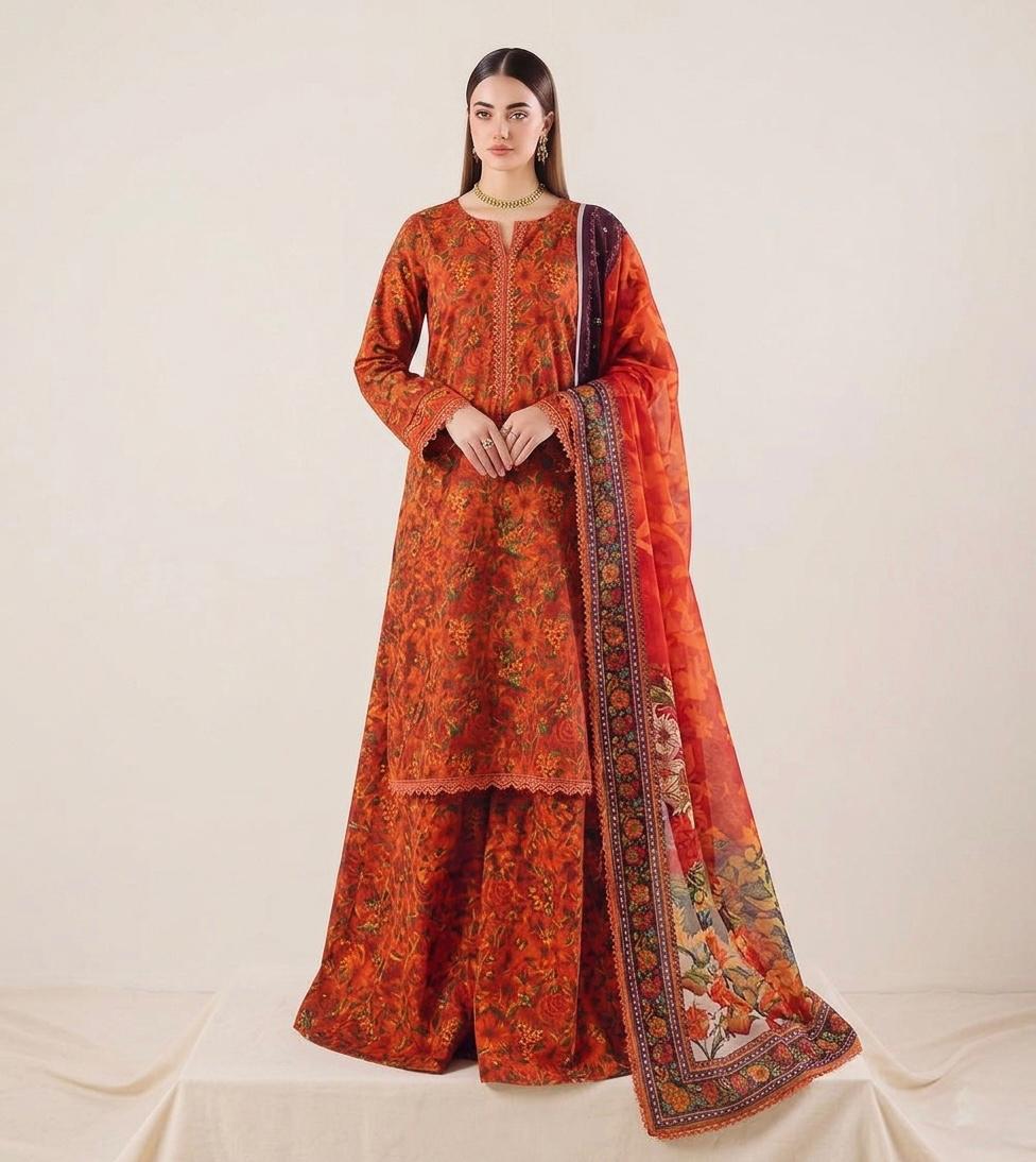 Anushay Lawn 3-Piece – Mustard Yellow Tropical Floral