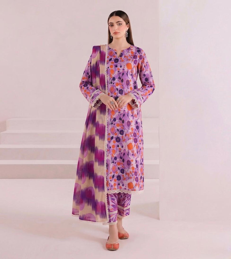 Anushay Lawn 3 Piece Suit | Lavender Tie-Dye Floral