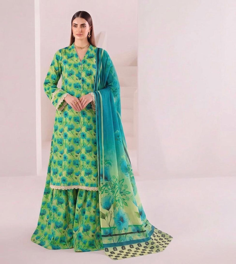 Anushay Lawn 3 Piece Suit | Green & Teal Floral Sharara
