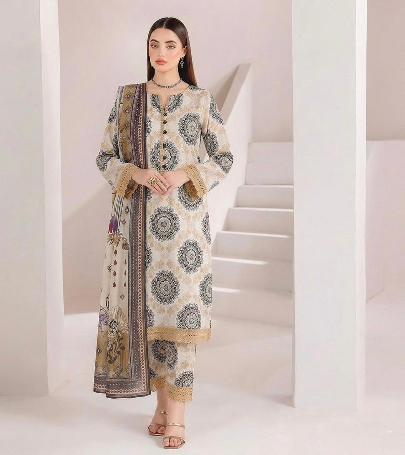 Anushay Lawn 3 Piece Suit | Cream & Black Mandala Print