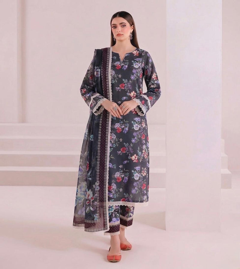 Anushay Lawn 3 Piece Suit | Black & White Abstract Print
