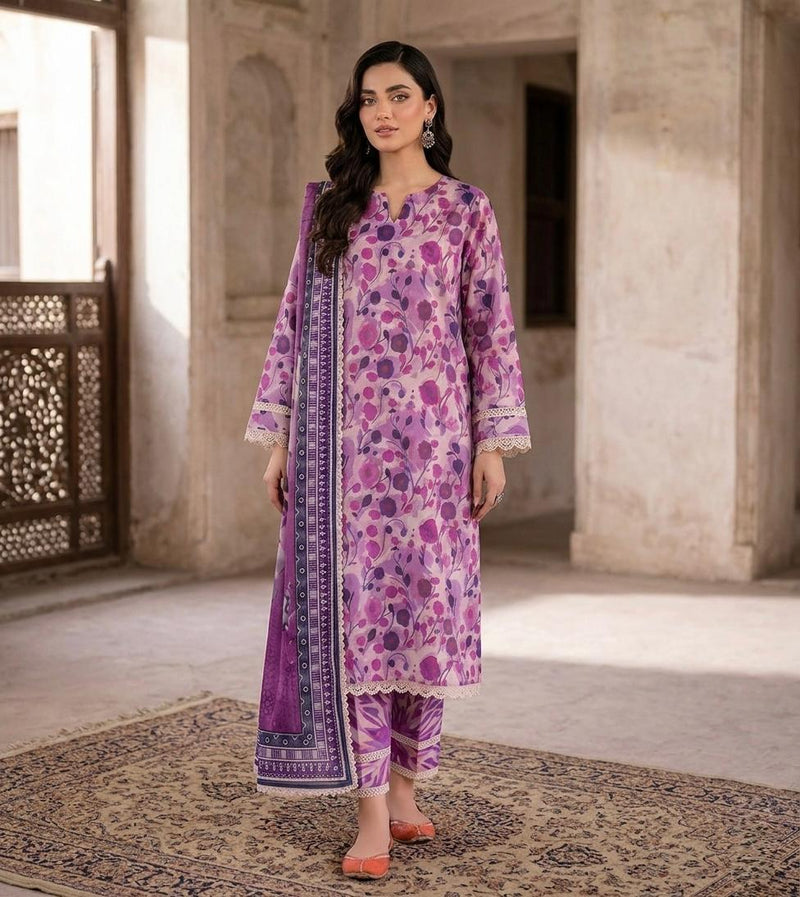 Anushay Lawn 3 Piece Suit | Pink & Purple Floral Print