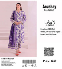 Anushay Lawn 3 Piece Suit | Purple & Cream Rose Floral