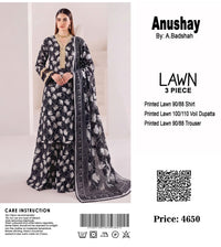Anushay Lawn 3 Piece Suit | Black & White Abstract Print