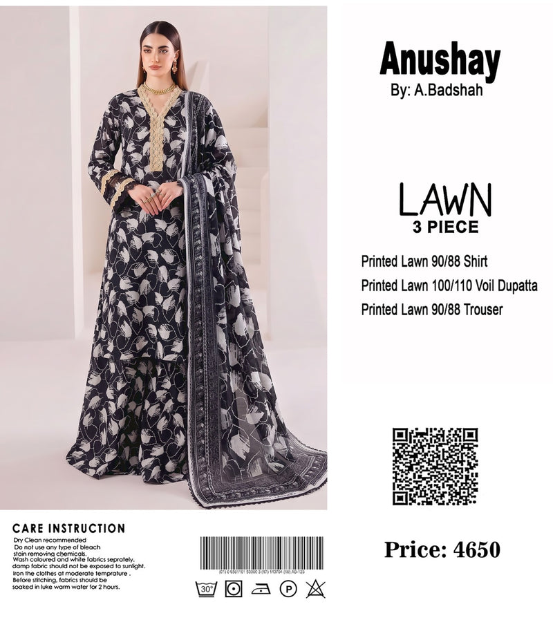 Anushay Lawn 3 Piece Suit | Black & White Abstract Print