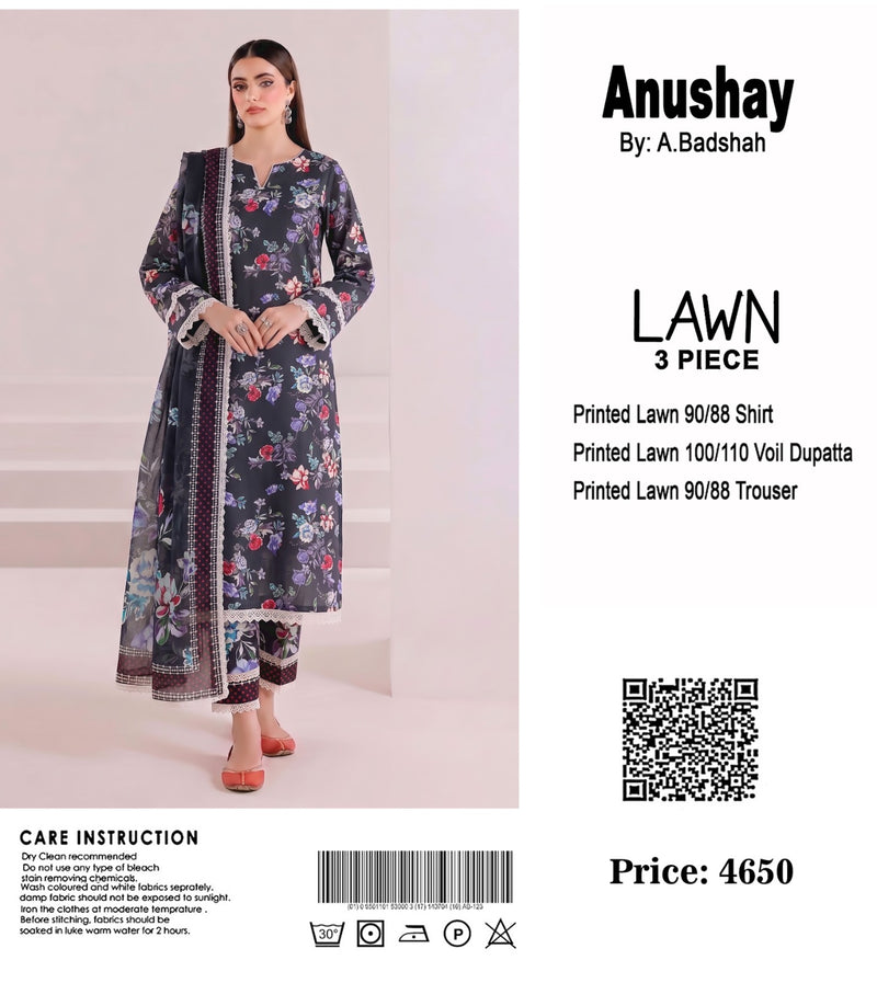 Anushay Lawn 3 Piece Suit | Black & White Abstract Print