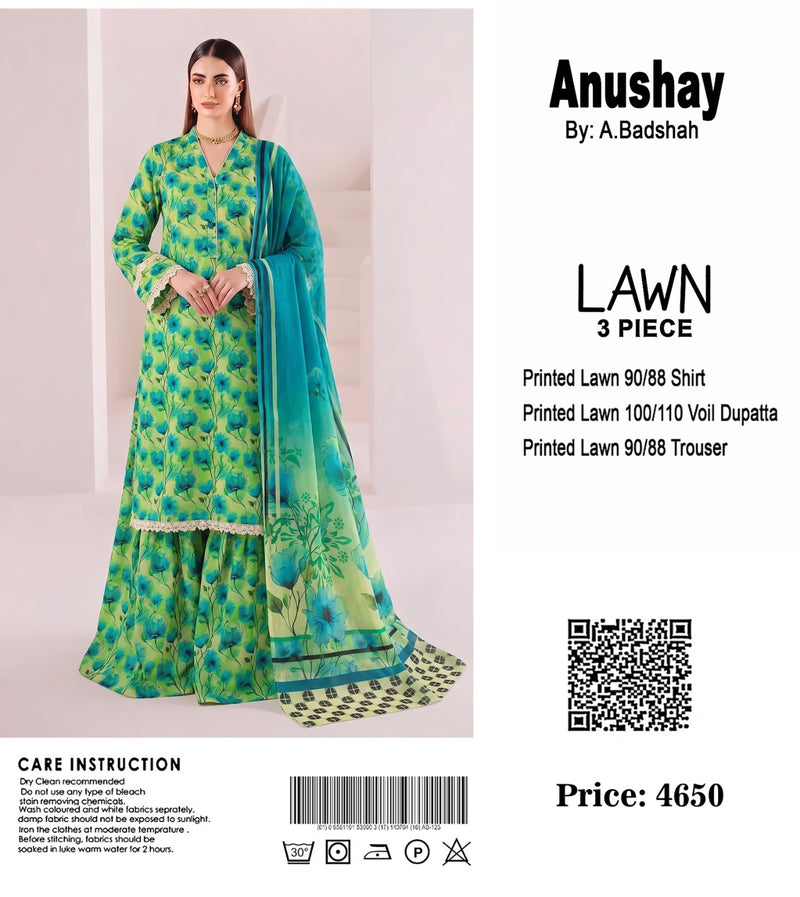 Anushay Lawn 3 Piece Suit | Green & Teal Floral Sharara
