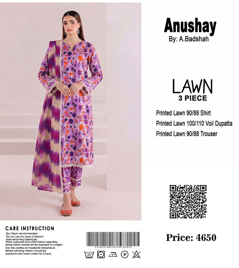 Anushay Lawn 3 Piece Suit | Lavender Tie-Dye Floral
