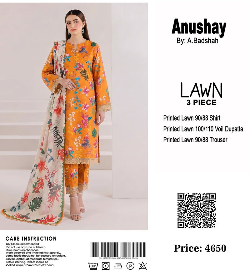 Anushay Lawn 3 Piece Suit | Rust Orange Floral Trouser