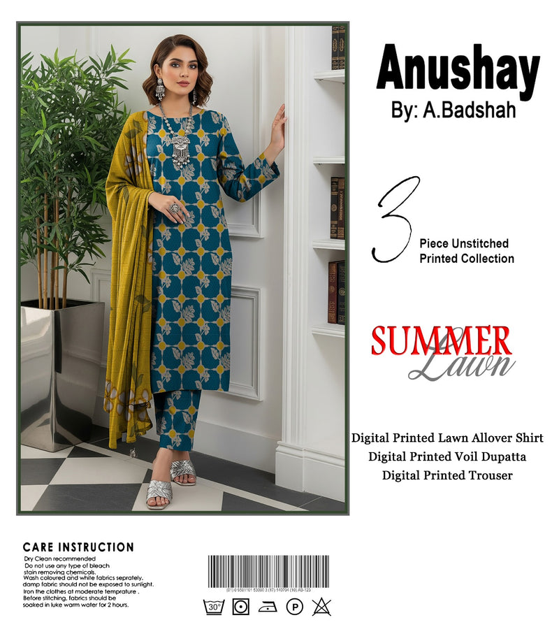 Anushay Summer Lawn 3 Piece | Teal & Mustard Print