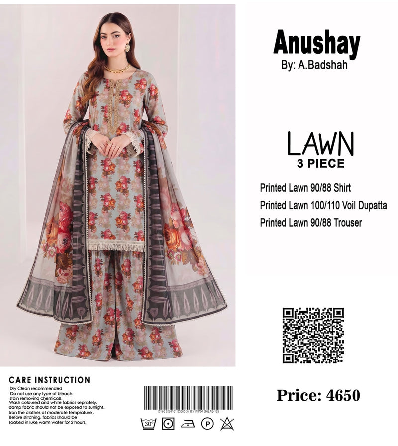 Anushay Lawn 3 Piece Suit | Gray & Red Suit