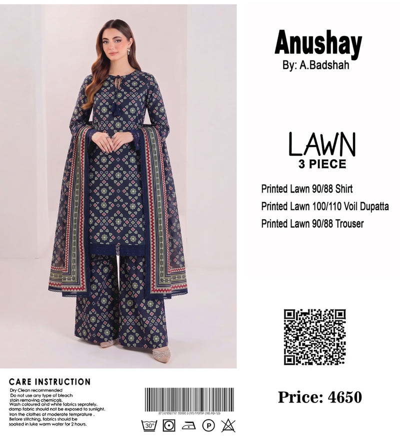 Anushay Lawn 3 Piece Suit | Navy Blue Geometric Print